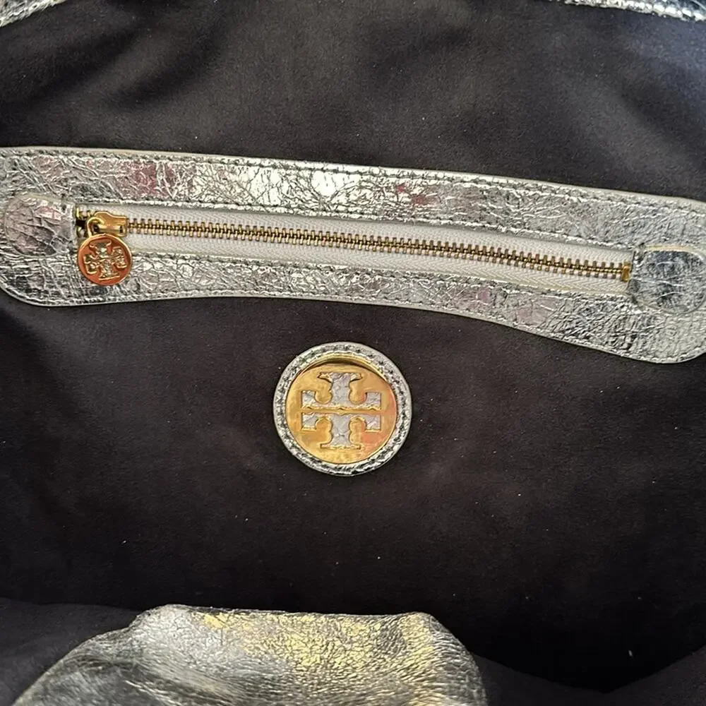 Tory Burch Metallic Silver logo T  tote Shoulder Bag.